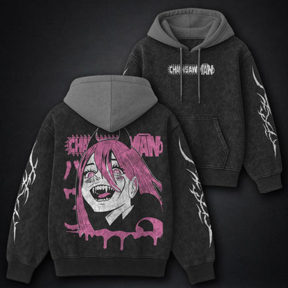 Chainsaw Man Urban Black and Grey Washed Hoodie