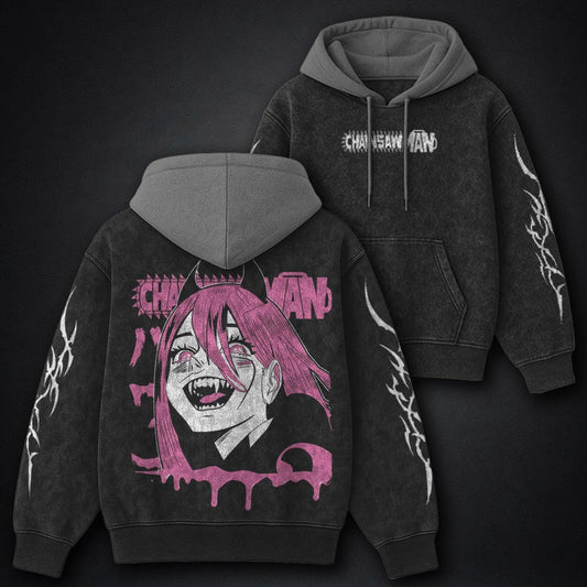 Chainsaw Man Urban Black and Grey Washed Hoodie