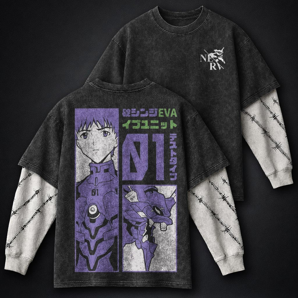 Neon Genesis Evangelion Bold Washed Double Sleeves T-Shirt