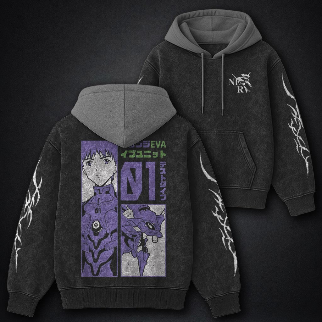 Neon Genesis Evangelion Washed Black and Grey Washed Hoodie