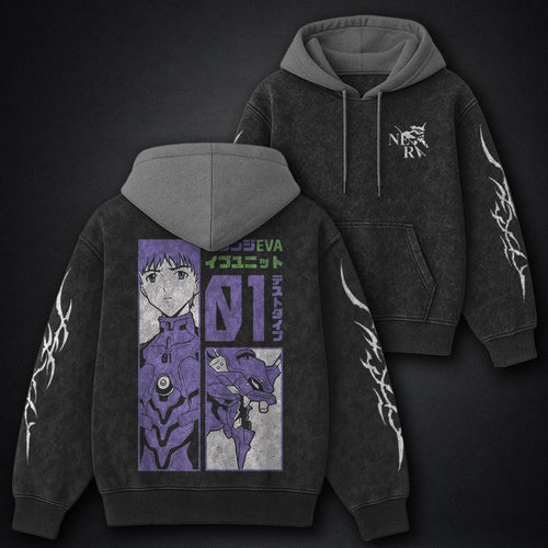 Neon Genesis Evangelion Washed Black and Grey Washed Hoodie