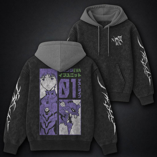 Neon Genesis Evangelion Washed Black and Grey Washed Hoodie