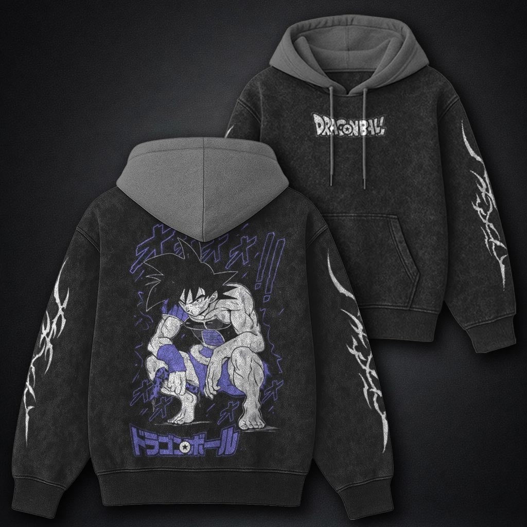 Dragon Ball Relaxed Black and Grey Washed Hoodie
