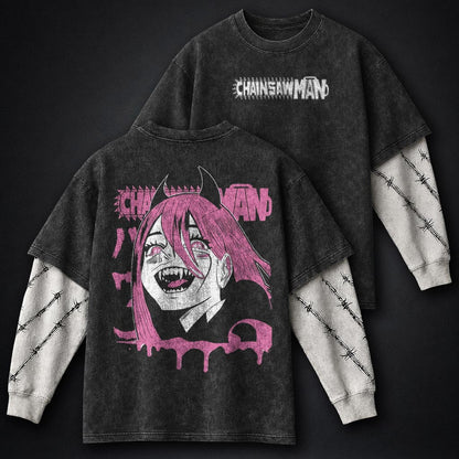 Chainsaw Man Heavyweight Washed Double Sleeves T-Shirt