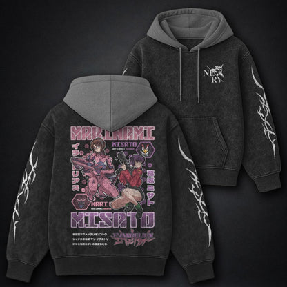 Neon Genesis Evangelion Streetwear Black and Grey Washed Hoodie
