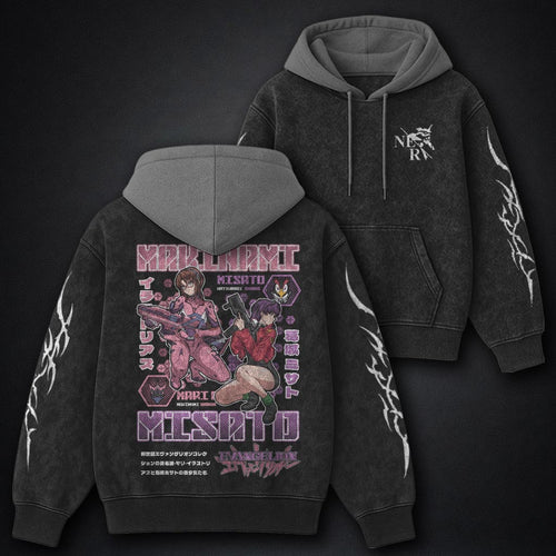 Neon Genesis Evangelion Streetwear Black and Grey Washed Hoodie