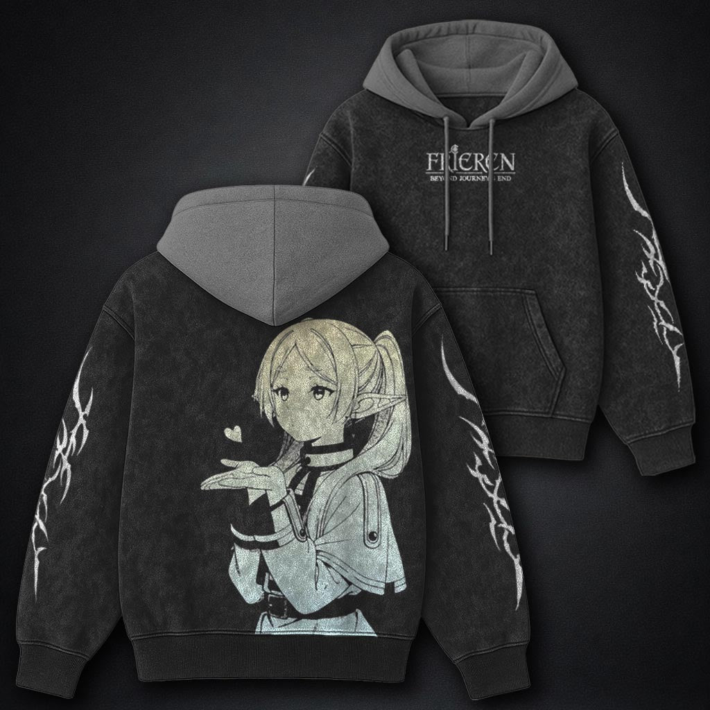 Frieren Oversized Black and Grey Washed Hoodie