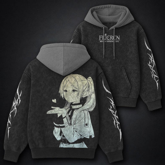 Frieren Oversized Black and Grey Washed Hoodie