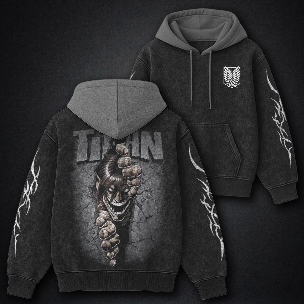 Attack on Titan Signature Black and Grey Washed Hoodie