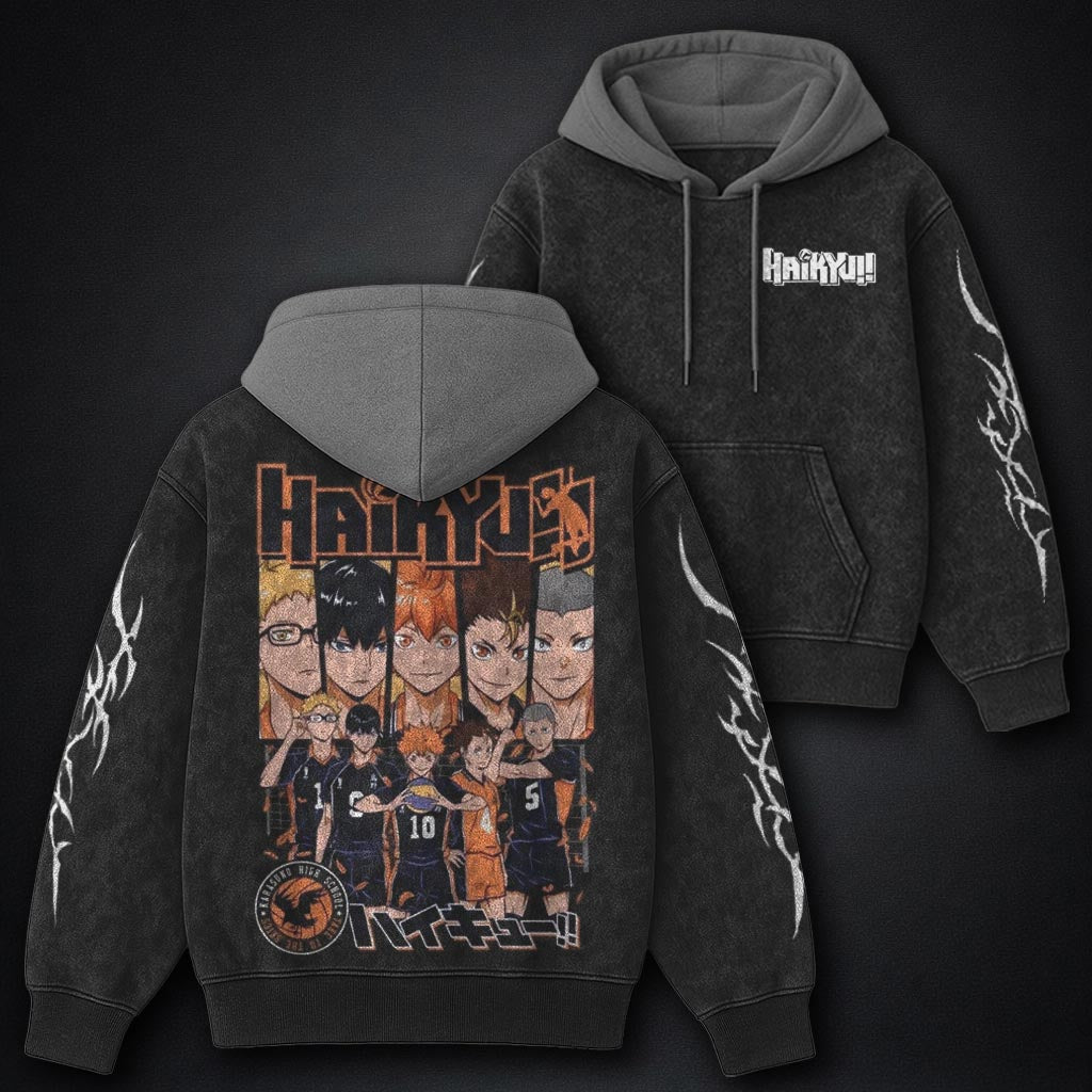 Haikyuu Essential Black and Grey Washed Hoodie