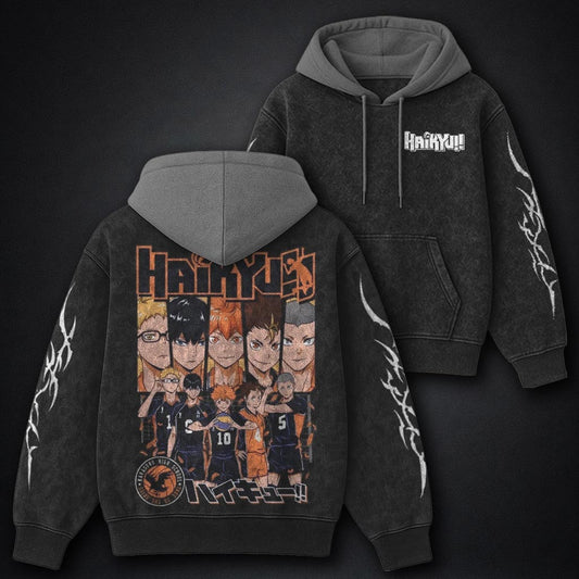 Haikyuu Essential Black and Grey Washed Hoodie