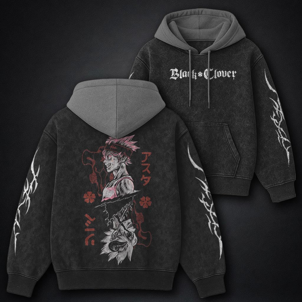 Black Clover Oversized Black and Grey Washed Hoodie