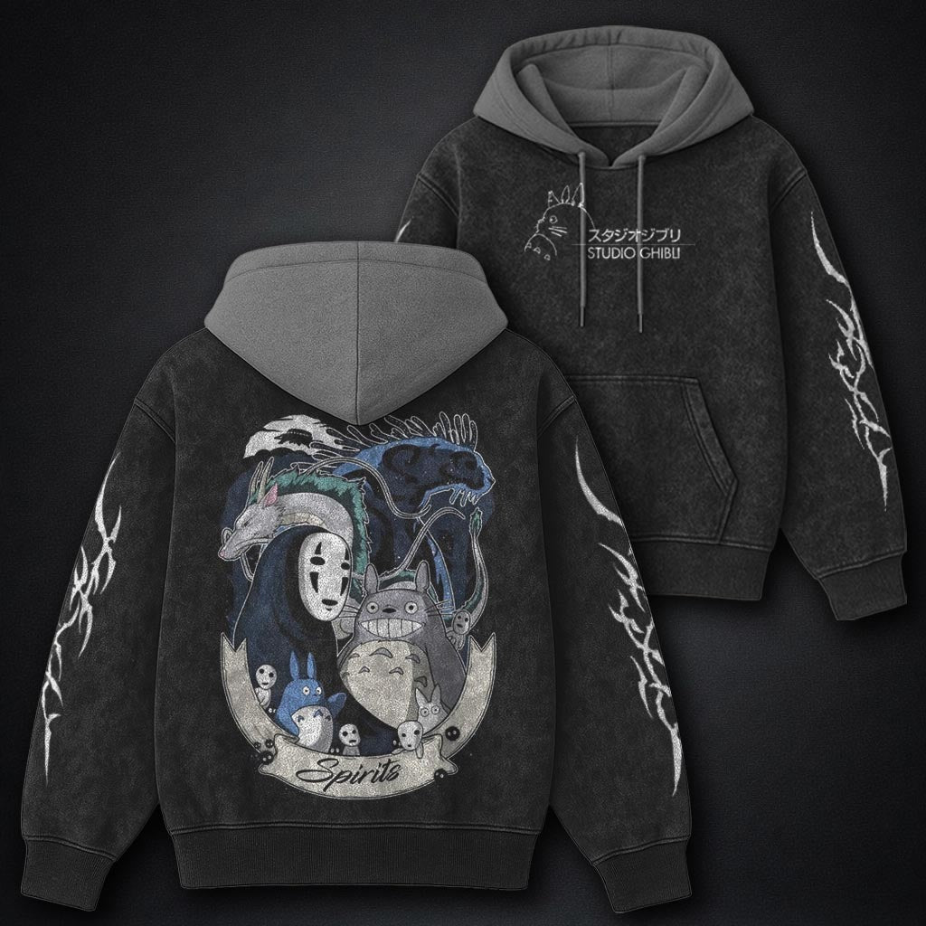 Ghibli Lightweight Black and Grey Washed Hoodie