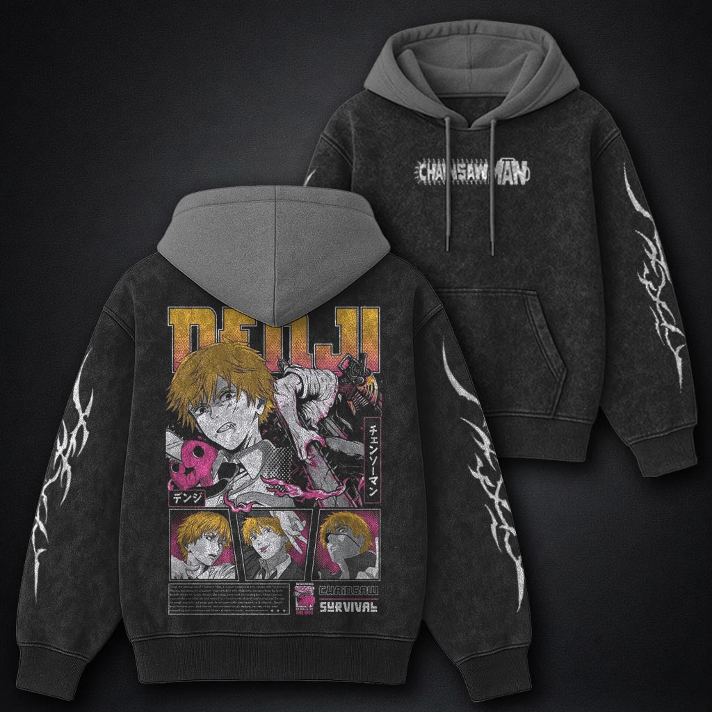 Chainsaw Man Signature Black and Grey Washed Hoodie
