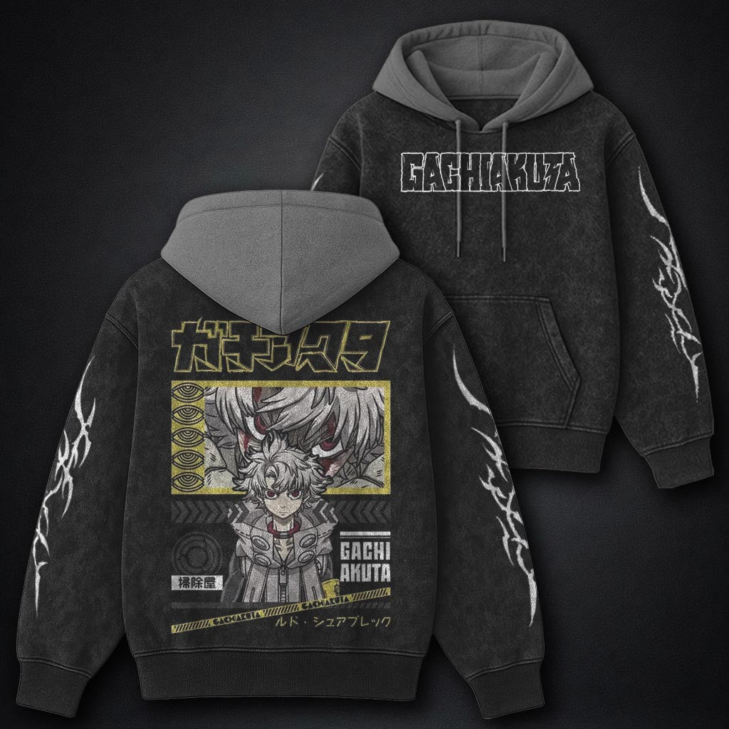 Gachiakuta Signature Black and Grey Washed Hoodie
