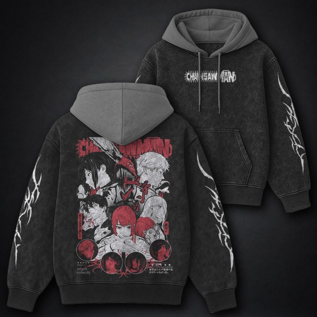 Chainsaw Man Heavyweight Black and Grey Washed Hoodie