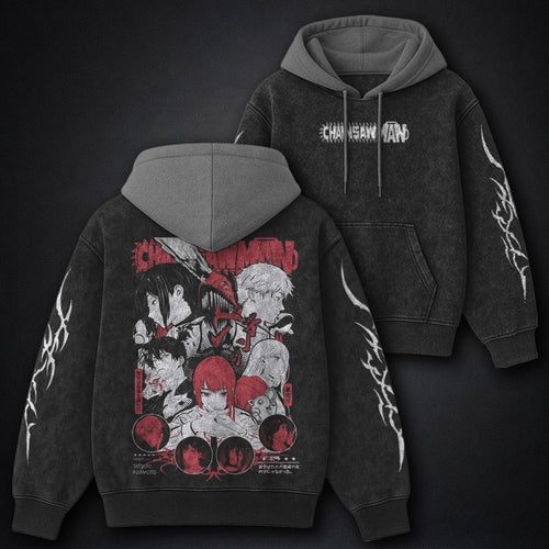 Chainsaw Man Heavyweight Black and Grey Washed Hoodie