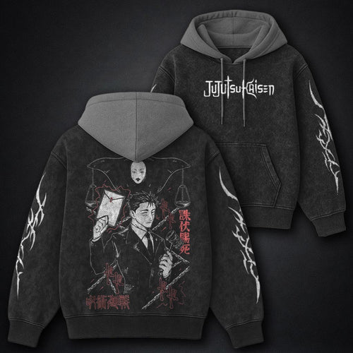 Jujutsu Kaisen Oversized Black and Grey Washed Hoodie