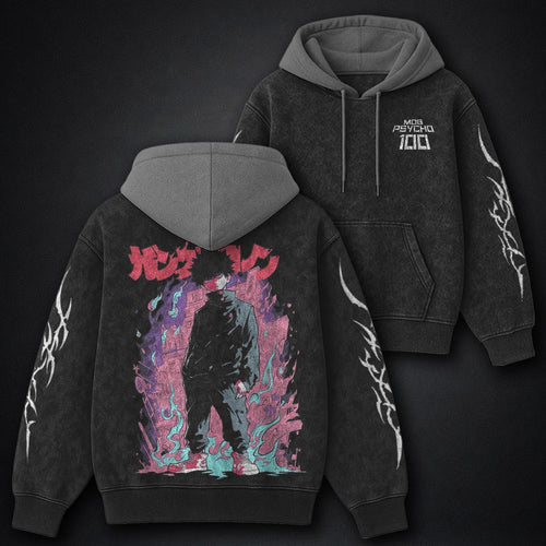 Mob Psycho 100 Urban Black and Grey Washed Hoodie