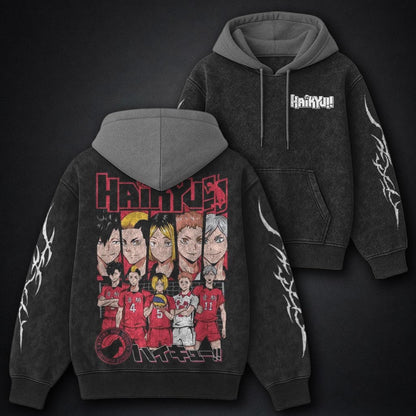 Haikyuu Cozy Black and Grey Washed Hoodie