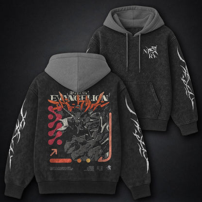 Neon Genesis Evangelion Urban Black and Grey Washed Hoodie