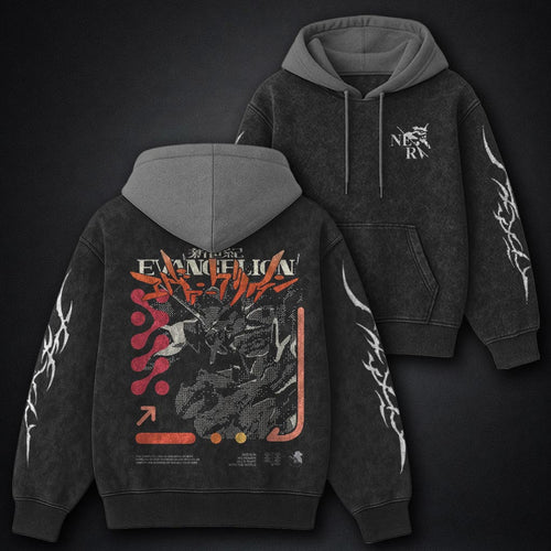 Neon Genesis Evangelion Urban Black and Grey Washed Hoodie
