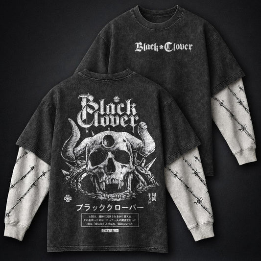 Black Clover Graphic Washed Double Sleeves T-Shirt