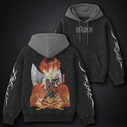 Frieren Heavyweight Black and Grey Washed Hoodie