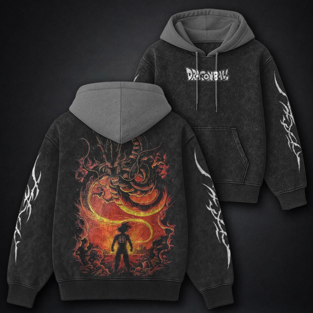 Dragon Ball Oversized Black and Grey Washed Hoodie