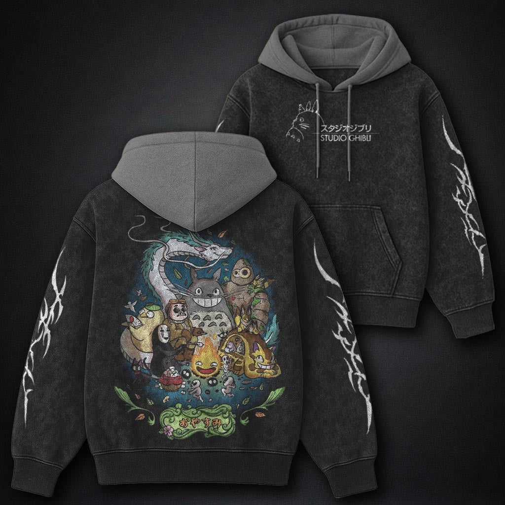 Ghibli Oversized Black and Grey Washed Hoodie