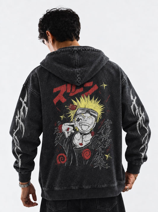 Naruto Oversized Washed Hoodie on model, back view