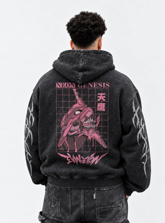 Neon Genesis Evangelion Minimal Washed Hoodie on model, back view