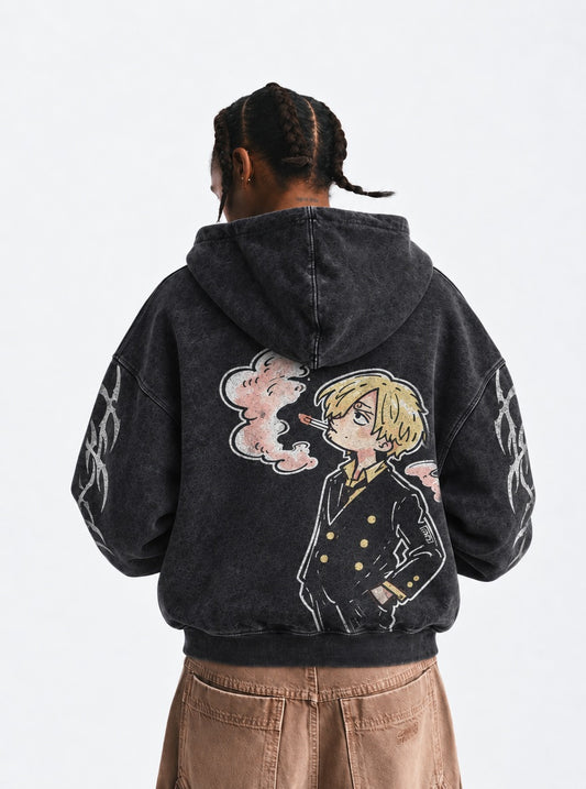 One Piece Core Washed Hoodie on model, back view