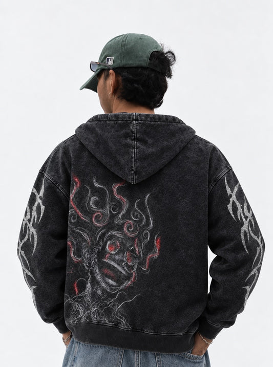 One Piece Heavyweight Washed Hoodie on model, back view