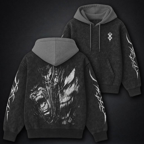 Berserk Cool Black and Gray Washed Hoodie