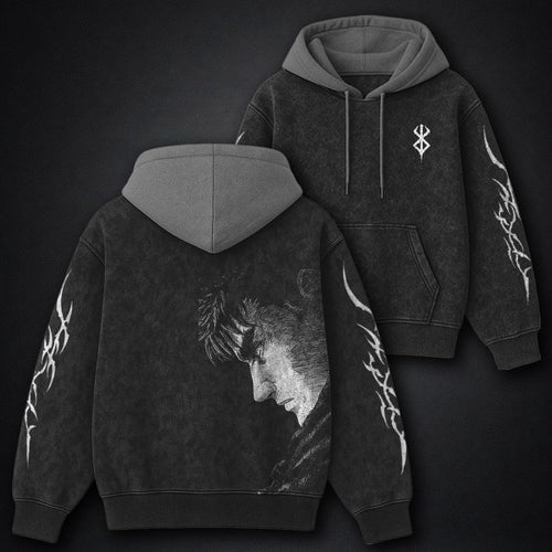 Berserk Cozy Black and Gray Washed Hoodie
