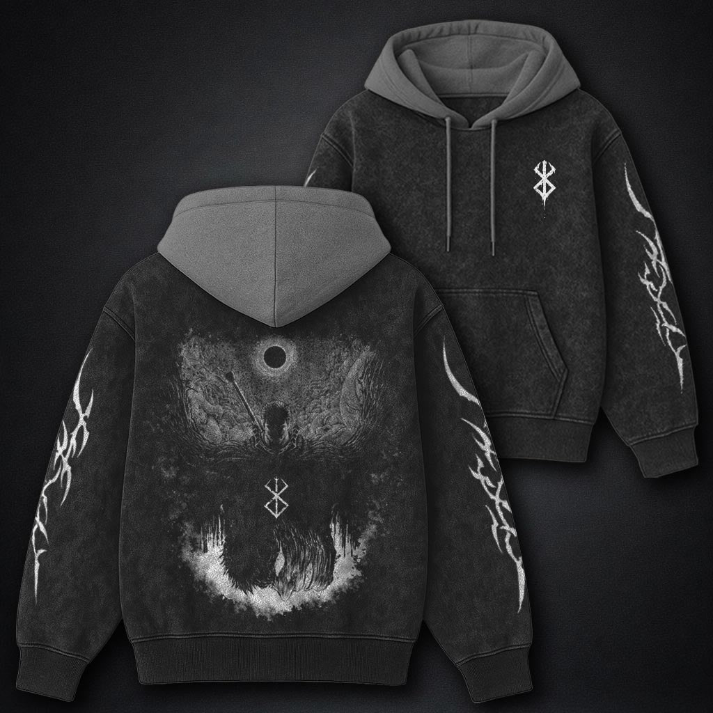 Berserk Distressed Black and Gray Washed Hoodie