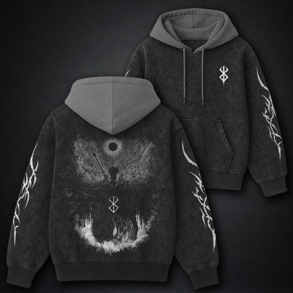 Berserk Distressed Black and Gray Washed Hoodie