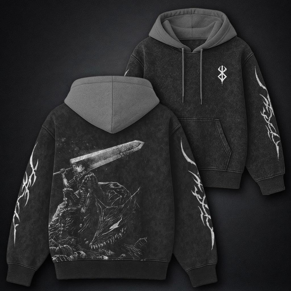 Berserk Sleek Black and Gray Washed Hoodie