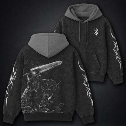 Berserk Sleek Black and Gray Washed Hoodie