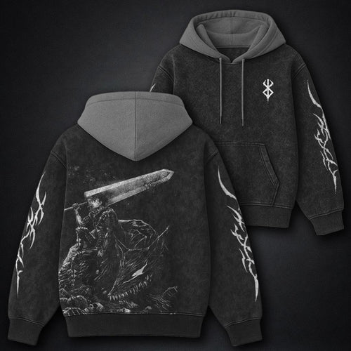 Berserk Sleek Black and Gray Washed Hoodie