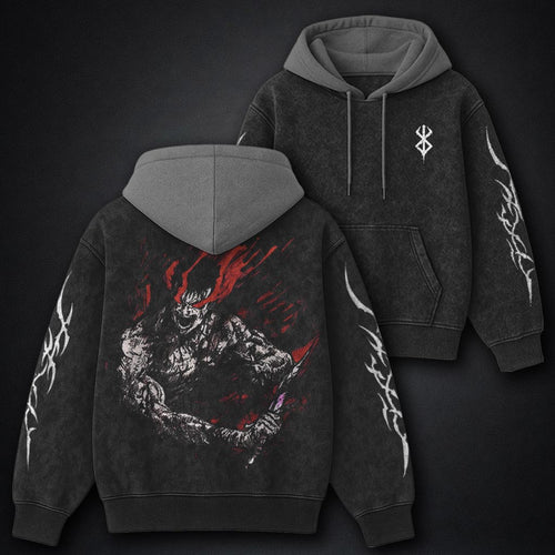 Berserk Edgy Black and Gray Washed Hoodie