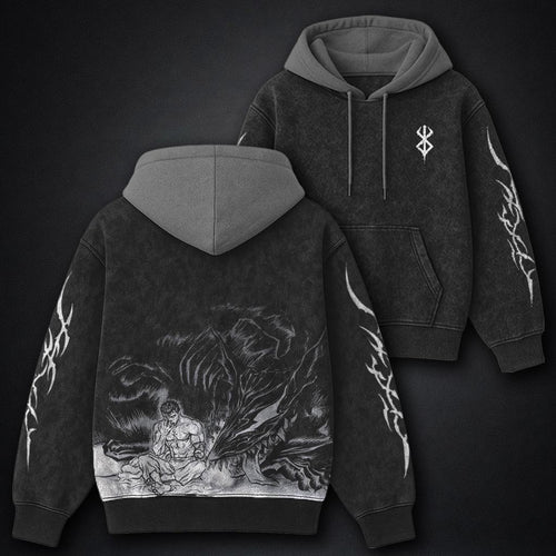 Berserk Soft Black and Gray Washed Hoodie