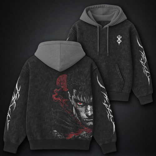 Berserk Oversized Black and Gray Washed Hoodie