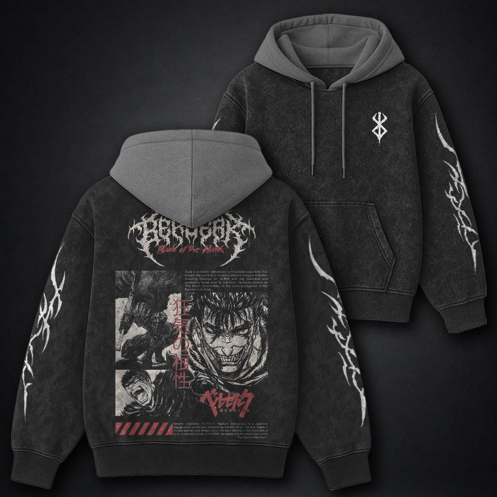 Berserk Textured Black and Gray Washed Hoodie