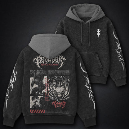 Berserk Textured Black and Gray Washed Hoodie