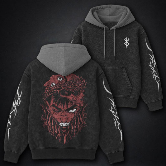 Berserk Structured Black and Gray Washed Hoodie
