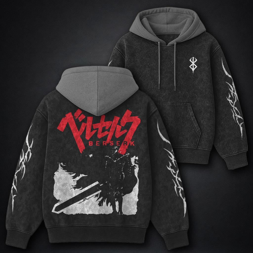 Berserk Breathable Black and Gray Washed Hoodie
