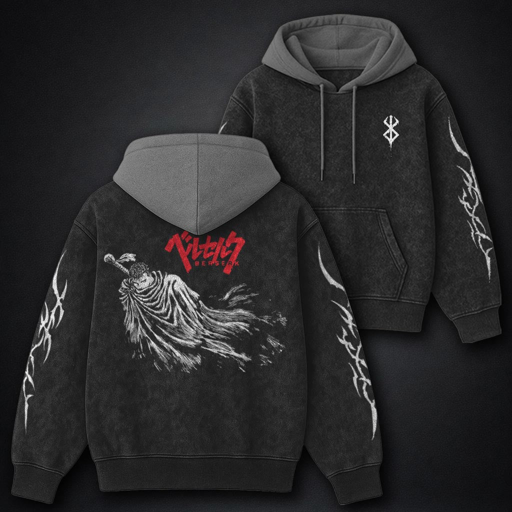Berserk Refined Black and Gray Washed Hoodie
