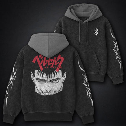 Berserk Luxe Black and Gray Washed Hoodie